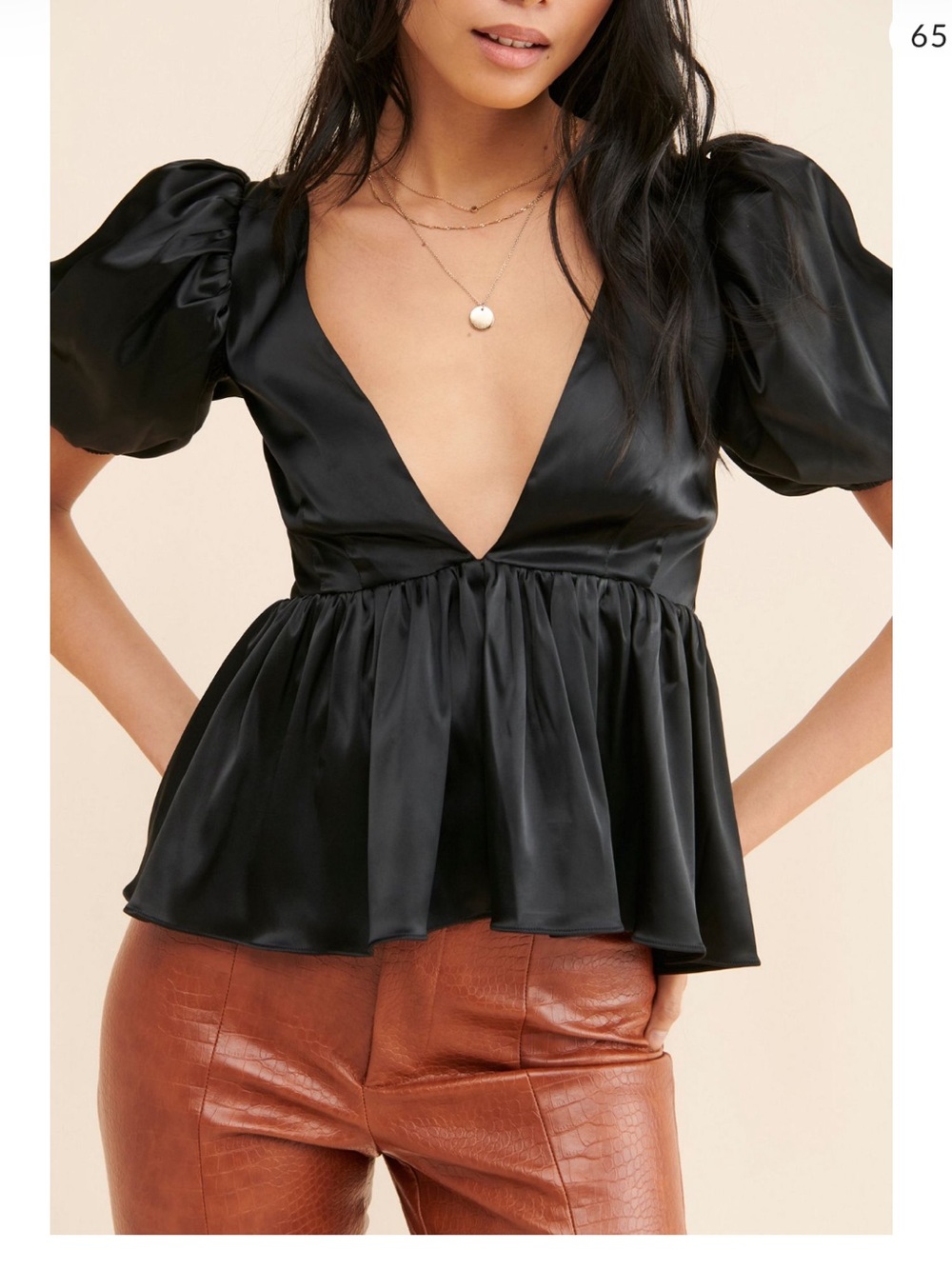 Satin Deep V-Peplum Top - Black